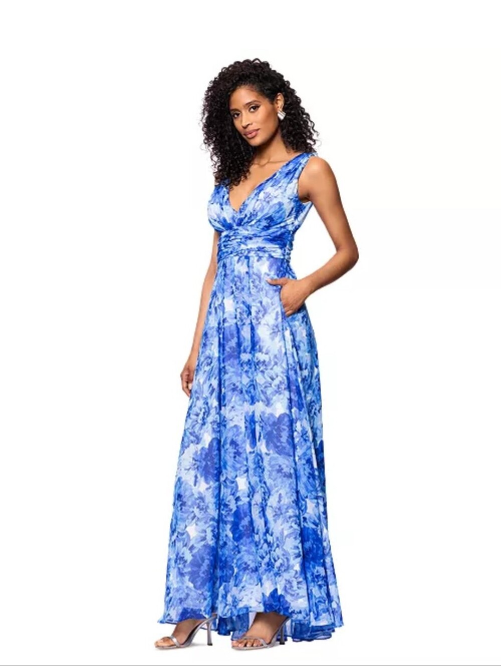 Betsy & Adam Blue Floral Sleeveless Ruched Waist Maxi Gown Size 14 NWT Formal